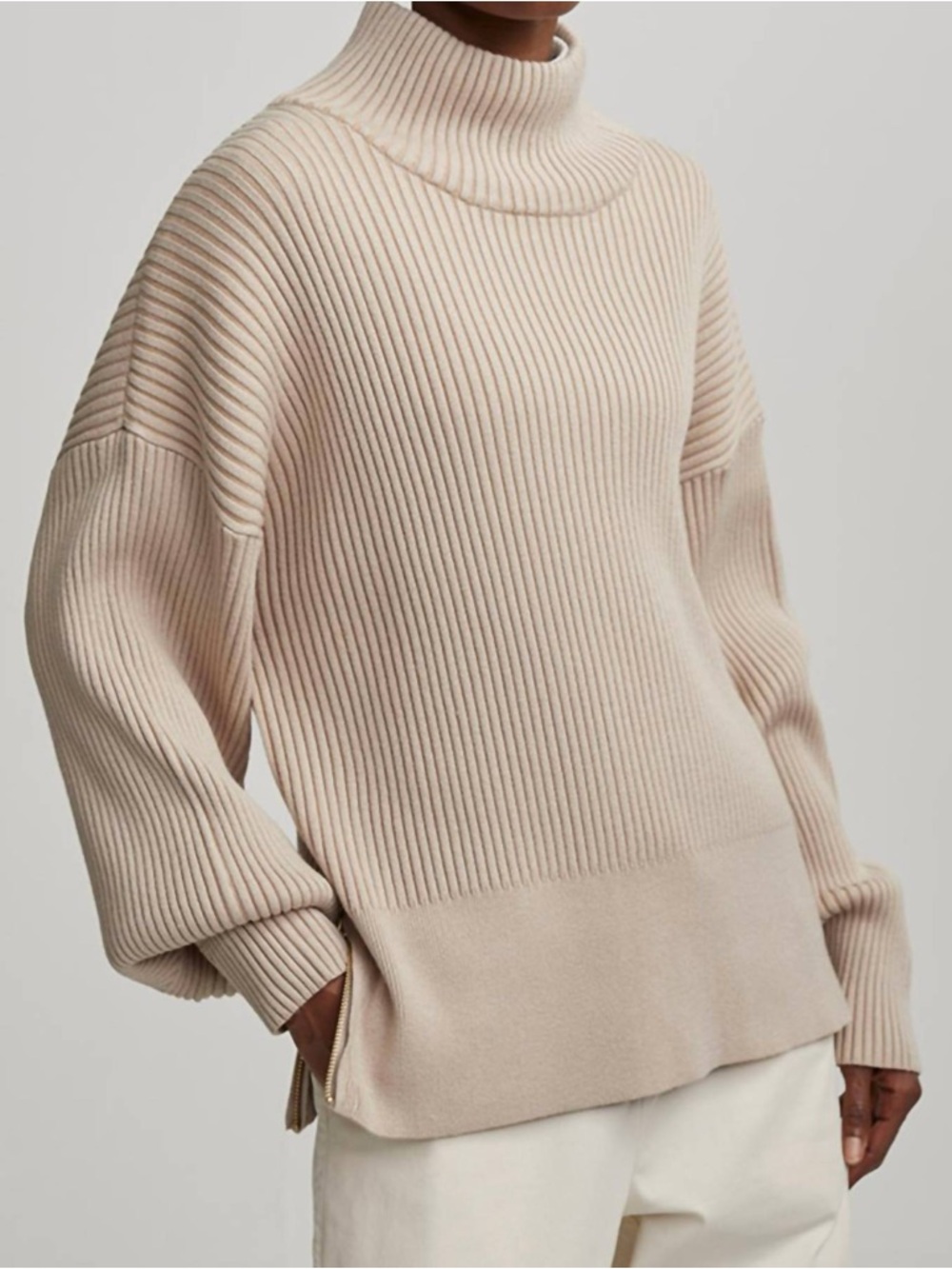 Varley Mayfair Mock Neck Ribbed Knit Zip Sweater Cement Beige Small